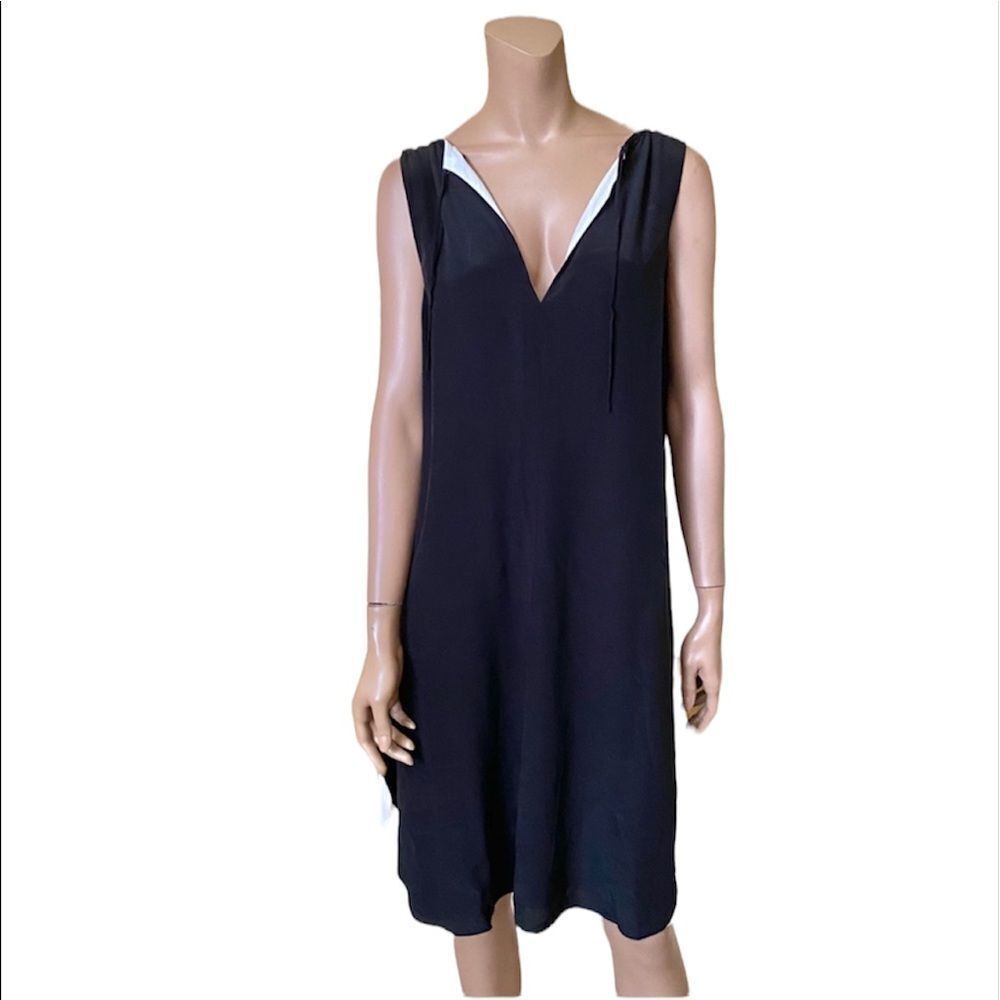 Eileen Fisher Black With White Lining Silk Midi Dress S